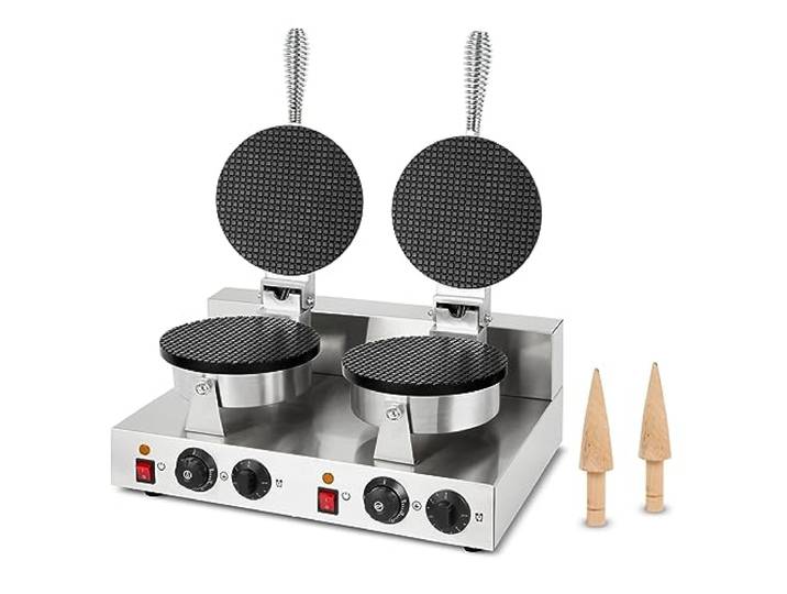 VERTES Waffeleisen doppelt, Hörncheneisen für Eiswaffeln, 48 Stück pro Std., Kegel, regelbar 0-300°C, Timer, teflonbeschichtet, Gusseisen Hörnchenautomat Edelstahlgehäuse, Hörnchen Waffle Maker 2000 W