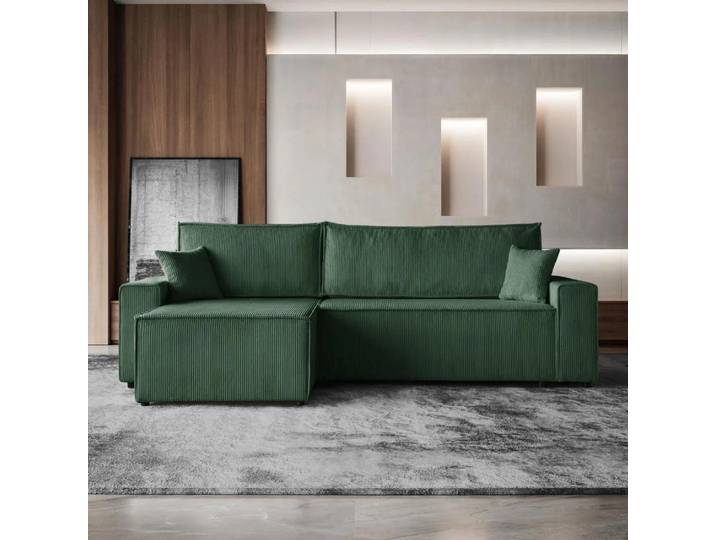 Ecksofa HEKTOR L-Form mit Schlaffunktion und Bettkasten, Couch in Dunkelgrün, Ottomane 70 cm