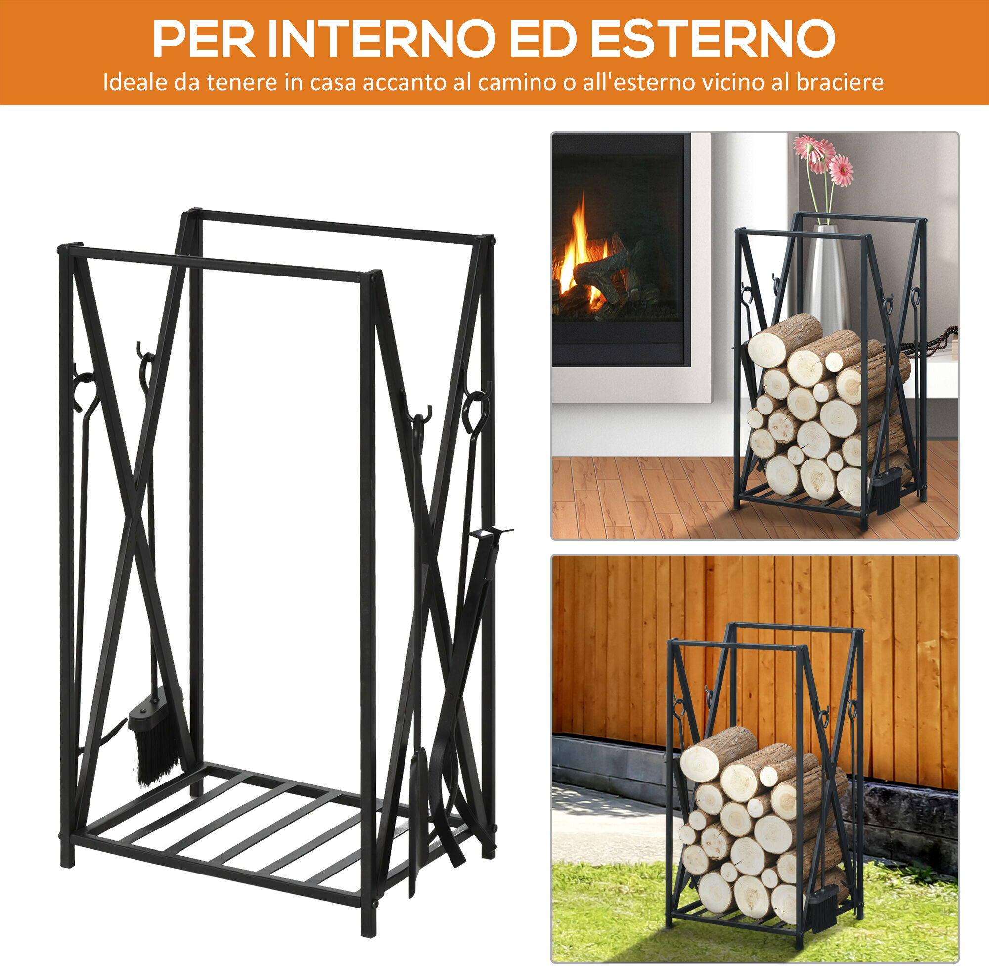 Altro Portalegna Da Interno Ed Esterno In Acciaio Con 4 Attrezzi Inclusi, Capacità 100kg 46x30x76cm Nero
