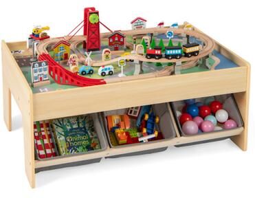 Costway Wooden Train Set Table Kids Multipurpose Activity Play Table with 2 Reversible Tabletops-Gray