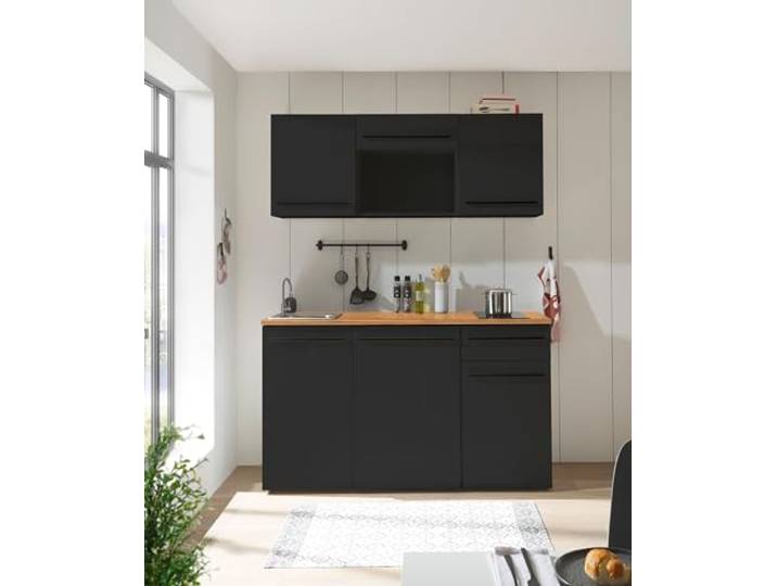 möbelando Singleküche >Jazz< in Schwarz matt - 160x212x60 (BxHxT)