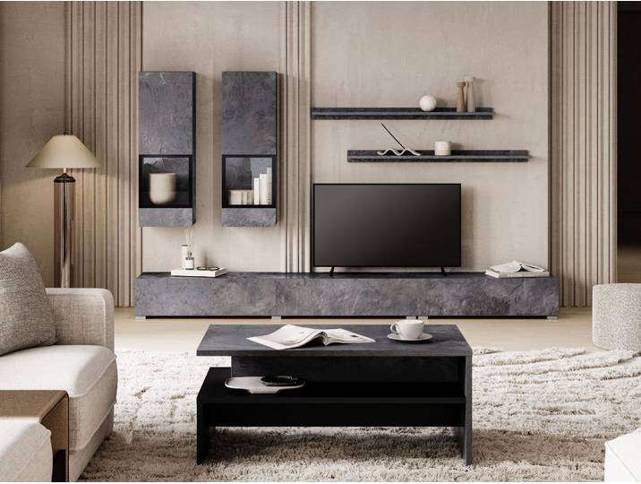 Mur tv-hifi BABEL 5 portes ardoise colorée avec table basse