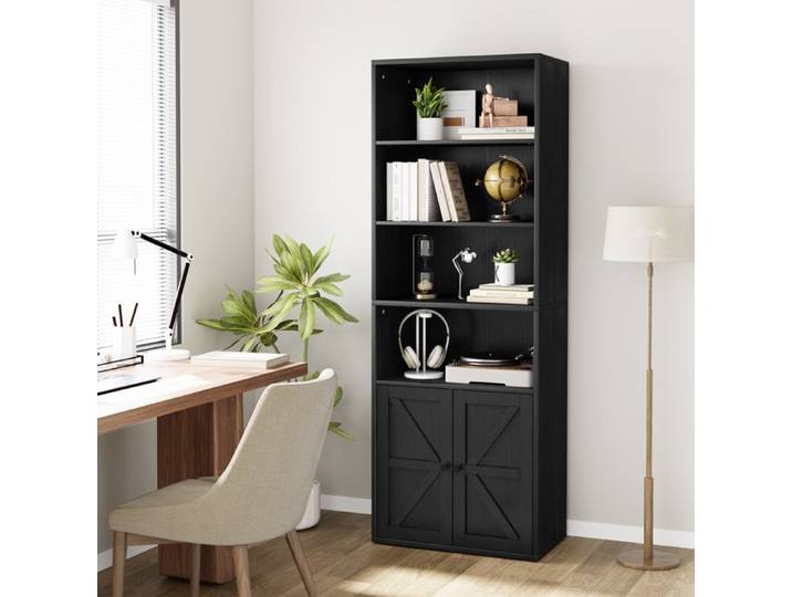 Bibliothèque 5 étages - Portes coulissantes - Noir - MDF haute densité - Design farmhouse - 180x60x30cm