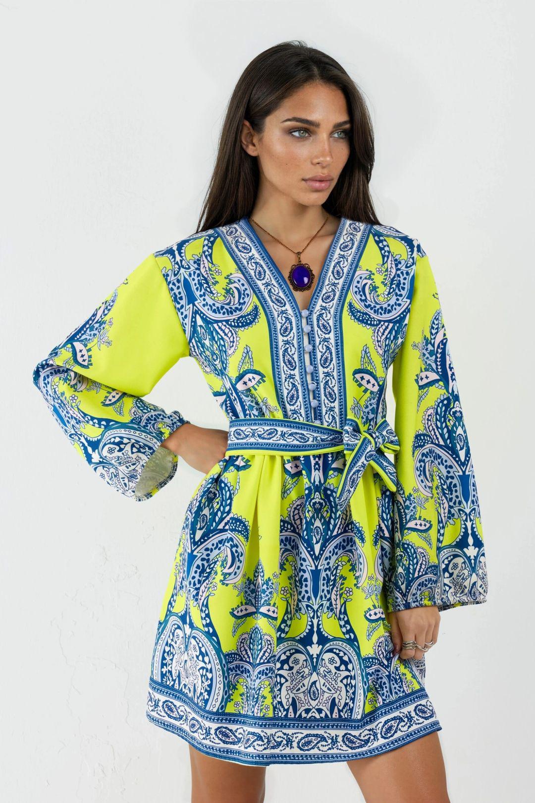 V-Ausschnitt Paisley A-Linie Mini-Kleid mit Knöpfen