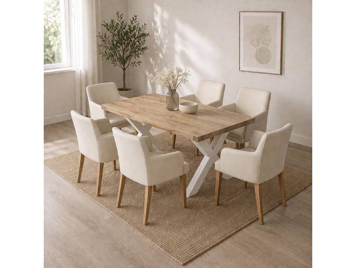 Landhaus-Esstisch Wildeiche White Washed 140x90cm, weißes X-Gestell - gerade Kante