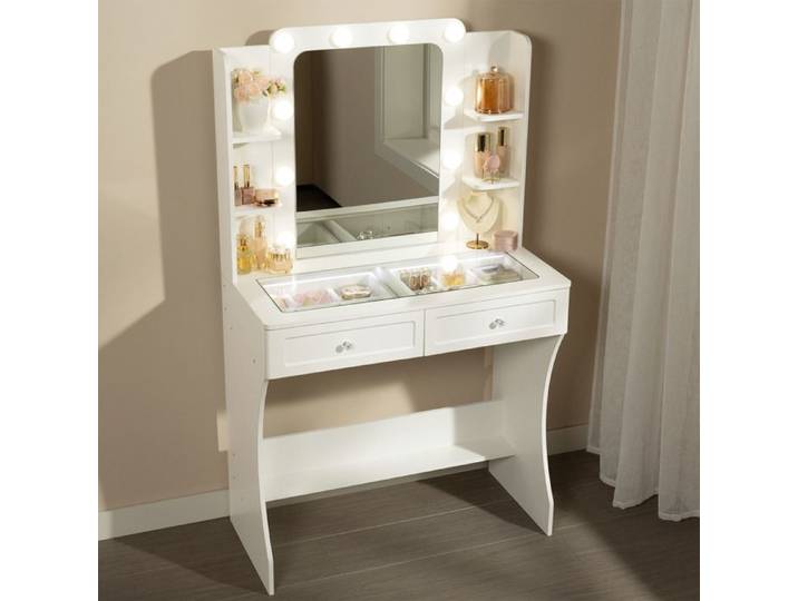 Coiffeuse blanche avec miroir LED - WOLTU - Plateau en verre trempé - Coiffeuse transparente - 6 compartiments ouverts - Miroir HD