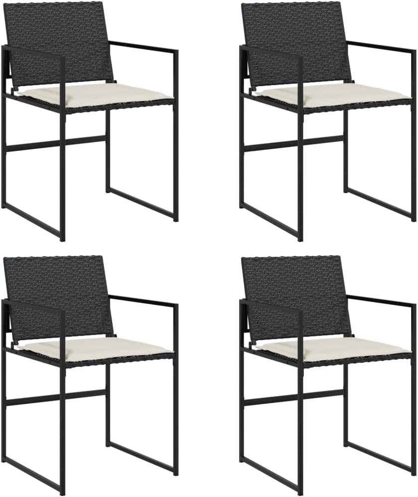 Set aus 4 schwarzen Gartenstühlen aus Poly-Rattan mit cremeweißen Kissen, 50,5x51x81,5 cm, klappbare Outdoor-Sessel für Balkon, Terrasse und Garten