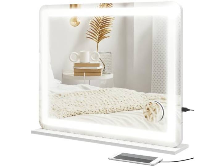 HOMCOM Miroir Lumineux LED Intensité Miroir de Maquillage 80 x 62 cm 3 Modes d'Éclairage\, Grossissement 10X\, Port de Charge USB\, Touche Tactile