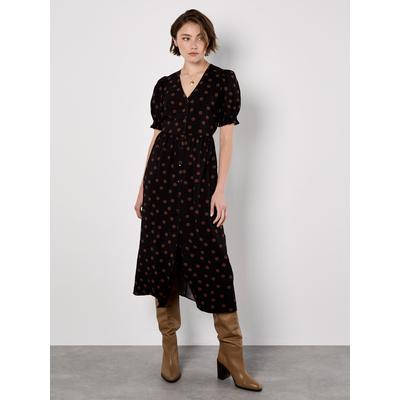 Midikleid APRICOT "Punktekleid", Damen, Gr. XS (34), Normalgrößen, schwarz, Modisch, normal, V-Ausschnitt, Elastisch, Kleider Midikleid, mit durchgehender Knopfleiste