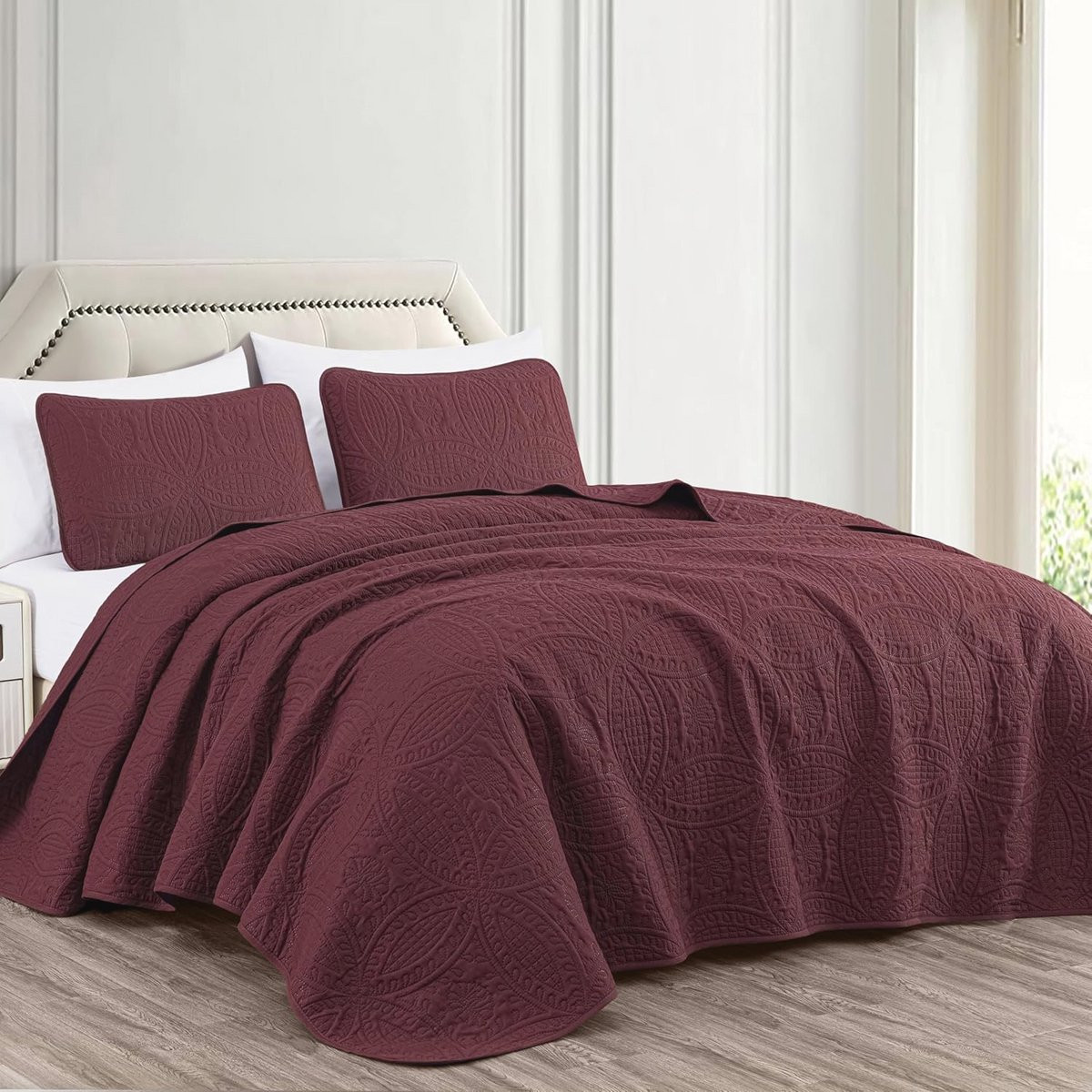 Bordeaux rode 3-delige oversized kingsize sprei set van hoogwaardig polyester