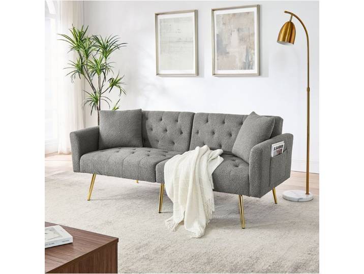 ROVRYN Canape convertible 2 places gris teddy boucle dossier reglable 3 positions 2 coussins pieds metal dores