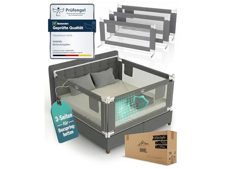 RAWVEL® Bettgitter Rausfallschutz Boxspringbett 180x200 cm · Labor geprüft [3 Seiten Komplett Set + Stange] · Rausfallschutz Bett Grau · Bettschutzgitter für Boxspringbett, Kinder & Elternbett