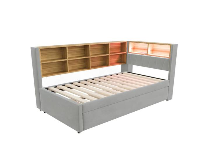 Canapé-lit 90x200 cm en polyester gris clair avec lit gigogne à gauche