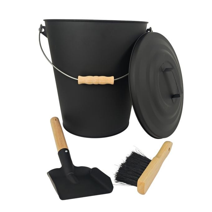 Relaxdays Asemmer met deksel en asbezem, 24 liter, zwart/zilver