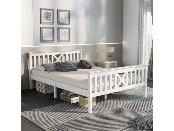 Lit double en bois 140 x 200 cm Cadre en pin massif Lit plat pour enfant et adolescent - Blanc