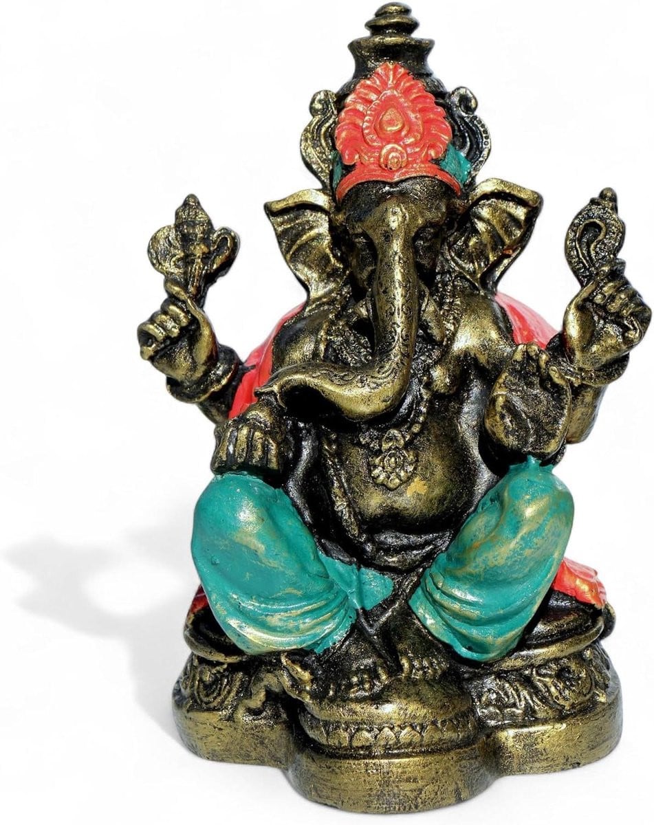 Handgemaakt beschilderd Ganesha beeld - Meerkleurige olifantengod decoratie - Hoogte: 16,5 cm