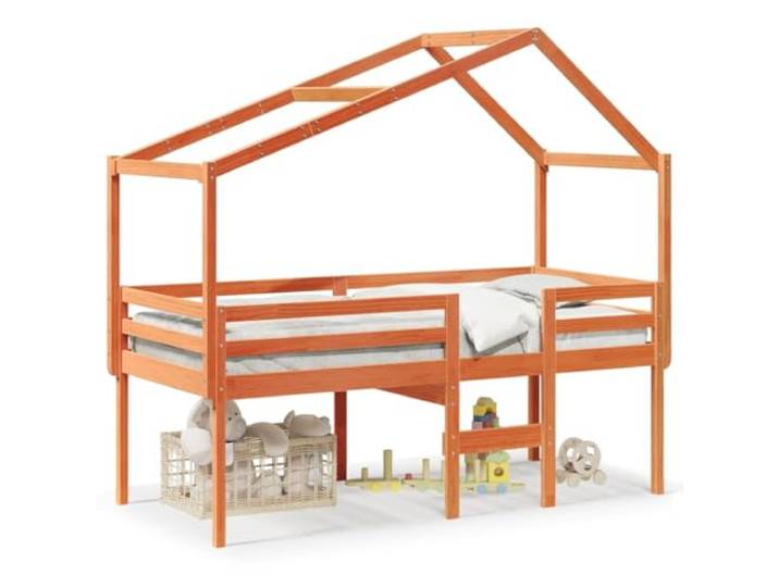 Makastle Kinderhochbett mit Dach Wachsbraun 75x190 cm Kiefer Massives Kiefernholz