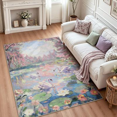 Bluebell Impressionist Oil Painting Area Rug, Soft Cashmere Swan Lake Floor Rug