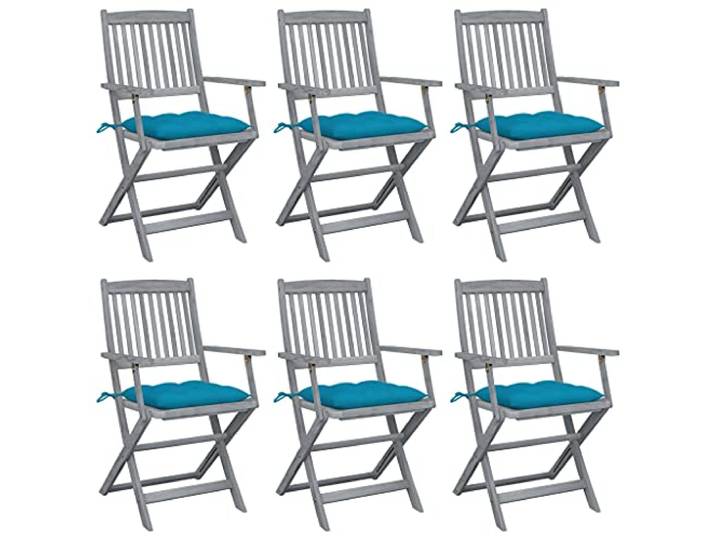 LKJephalotrop 6er Set Klappbare Gartenstühle Akazie mit Kissen Grau Wetterfeste Holzstuhl Garnitur für Terrassen & Balkone: Platzsparend klappbar inklusive weicher hellblauer Sitzauflagen.