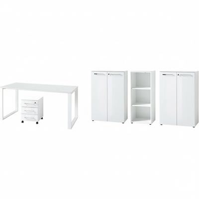KADIMA DESIGN Büromöbel Set 5-teilig Komplettbüro weiß | Schreibtisch, Container, 2 Schränke, Regal | Glasfront, Soft-Close, Abschließbar | Made in Germany