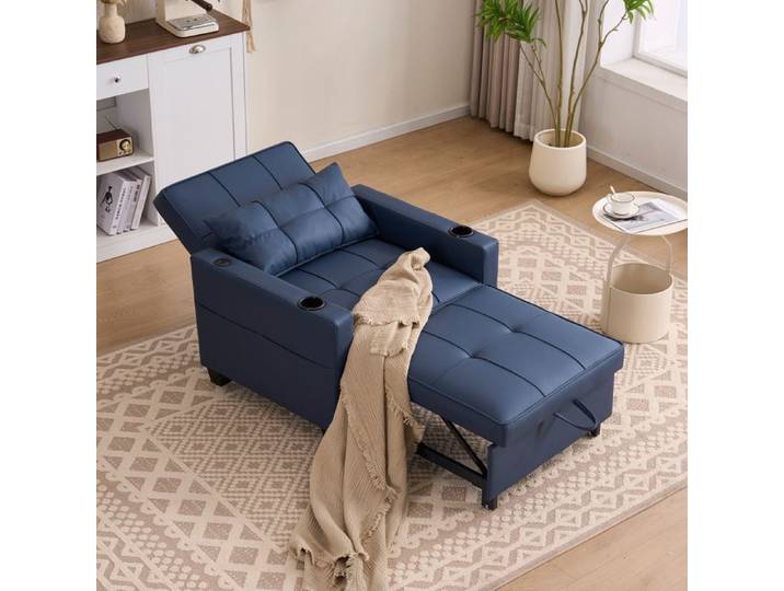 Canapé Convertible Inclinable en Similicuir Bleu - Fauteuil Extensible avec Structure en Acier et Bois - Pour Bureau & Studio