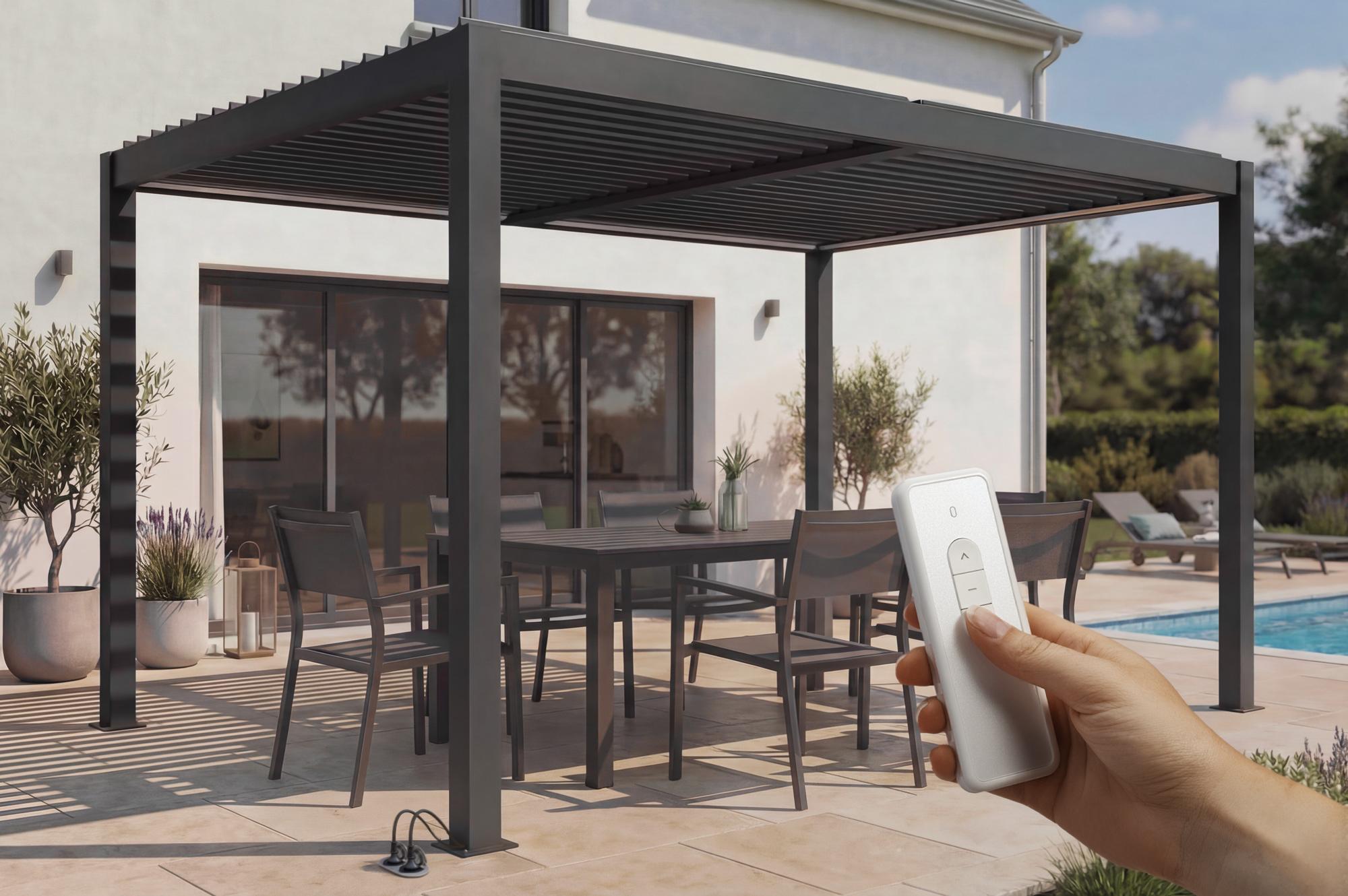 AGOSTA 4x3m motorisierte, bioklimatische Pergola mit freistehender LED-Beleuchtung, 250 cm hoch - Graues Aluminium