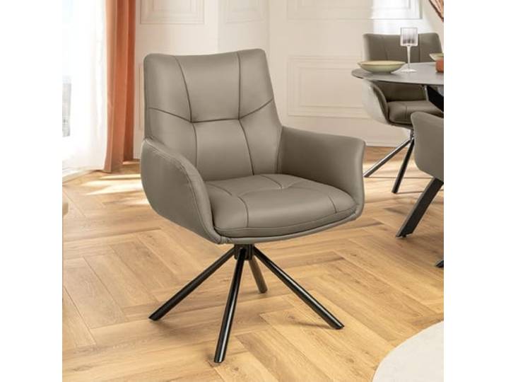 LEBENSwohnART Drehbarer 360° Echtleder Stuhl Sign Taupe Federkern mit Armlehne Metallgestell