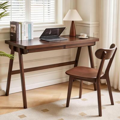 Solid Rubber Wood Computer Desk, Retro Walnut Writing Desk with Drawer, Sturdy A-Frame Leg
