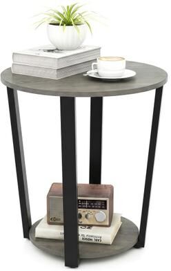 Costway 2-Tier Round End Table with Storage Shelf and Metal Frame-Oak