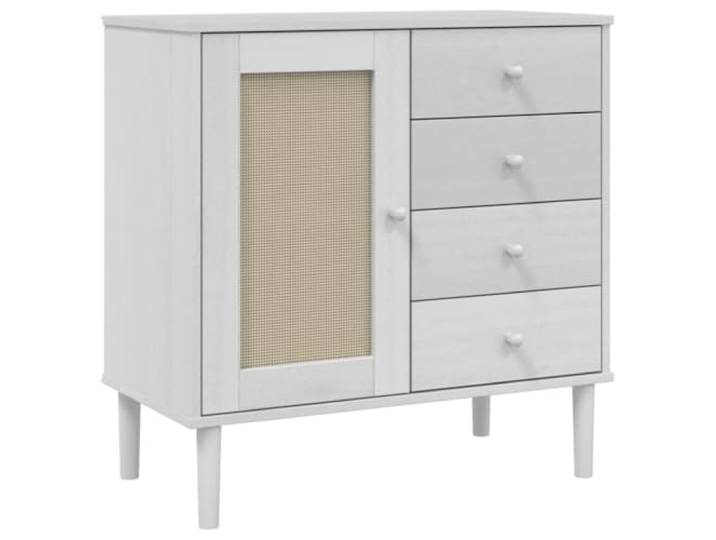 HGFDVCMR Sideboard SENJA Rattan-Optik Weiß 80x40x80 cm Kommode Kiefer Stilvoller Beistellschrank mit 4 Schubladen und Boho Wiener-Geflecht Tür für Wohnzimmer und Schlafzimmer.