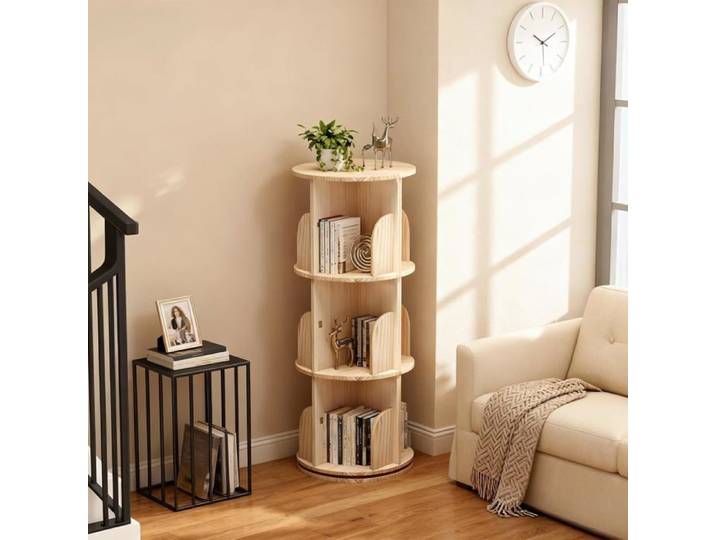 Bibliothèque Pivotante à 360 Degrés Bois Massif étagère sur Pied Four-layer