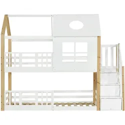 OKWISH Etagenbett Massivholz+MDF Weiß/Natur 253,5x95,5x206 cm mit Aufbewahrungstreppe für Familienzimmer