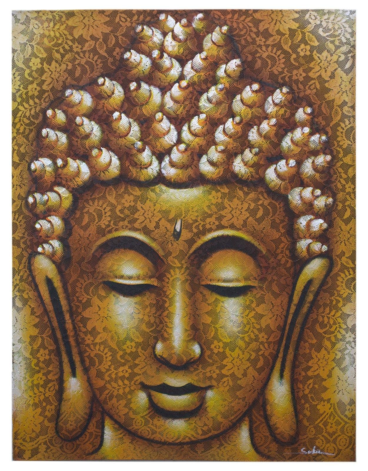 Ancient Wisdom Canvas Schilderij Boeddhabrede met Gouden Brokaat Detail