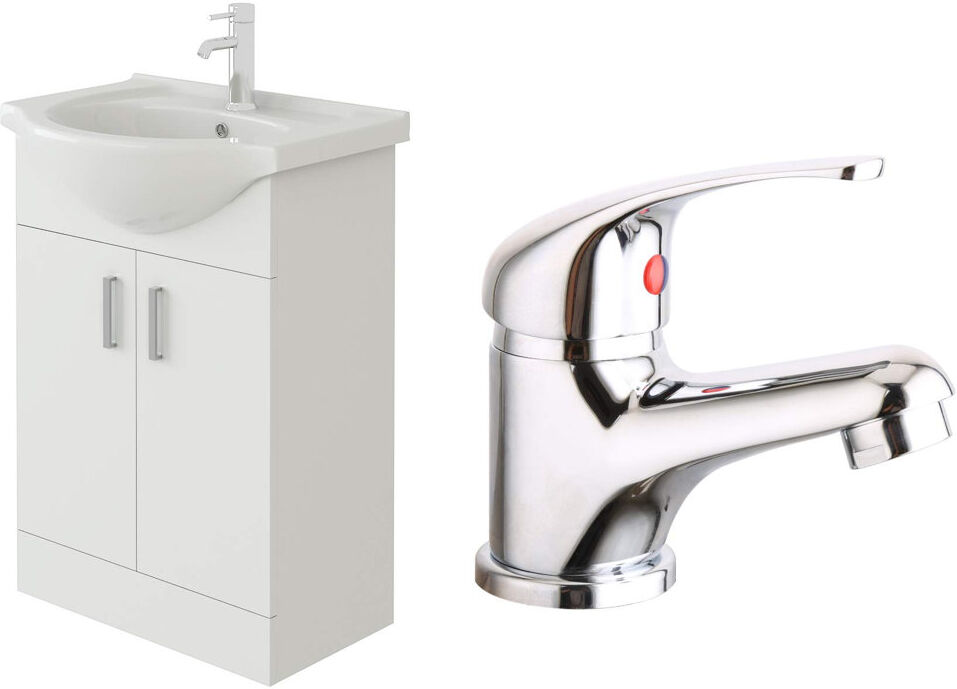 VeeBath Linx 550mm Vanity Sink Cabinet Unit & Mono Basin Mixer Tap White 76.8cm H X 51.4cm W X 30cm D