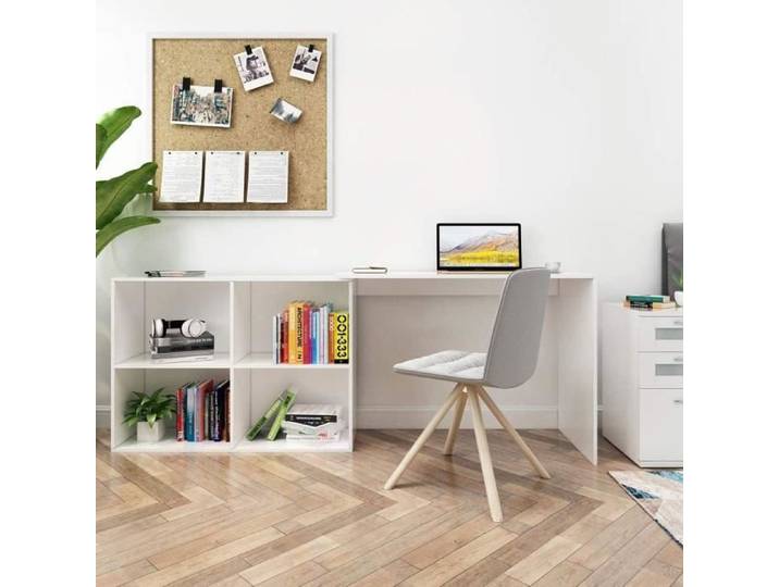 Bureau d'angle avec Rangement 4 Étagères Angulaire Réversible bureau informatique Bois Blanc-Mondeer