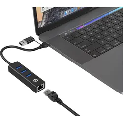 Conceptronic Adapter USB3.0-> RJ45,3xUSB3.0,TypC Ad 0.15m sw (USB-A, USB-C, 3 Ports), Dockingstation + USB Hub, Schwarz