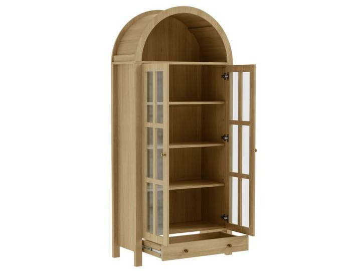 Vitrine armoire arquée en MDF avec portes acryliques transparentes tiroir et rangements bois naturel