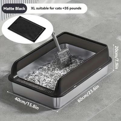 Inspired Finds KEMORELA Extra Large Stainless Steel Cat Litter Box With Lid Leak Proof High Sided Enclosed Litter Pan black 23.62in
