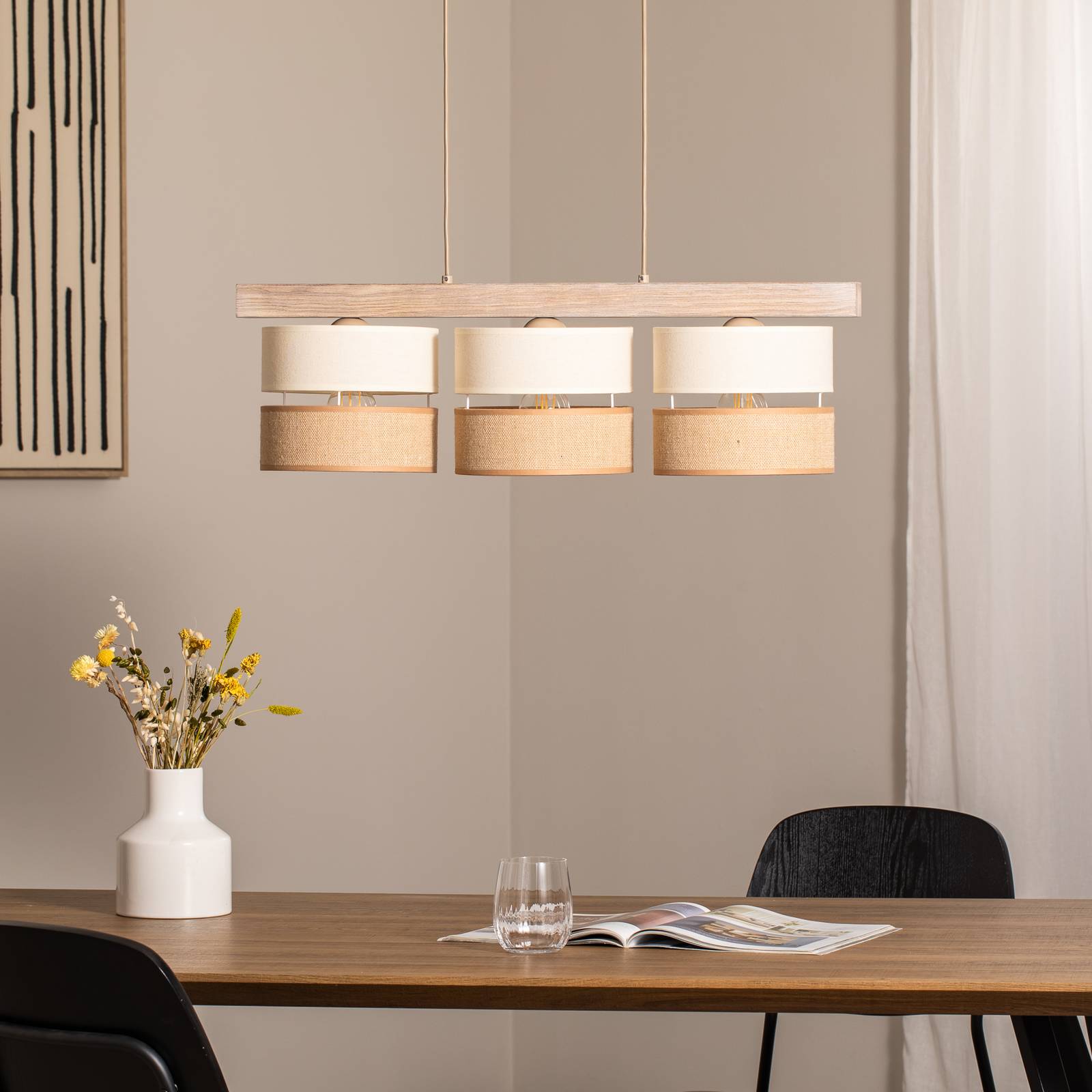 Hängelampe Treeon Duolla, dimmbar, creme / amber, für Wohn- / Esszimmer, Holz, Pendelleuchte