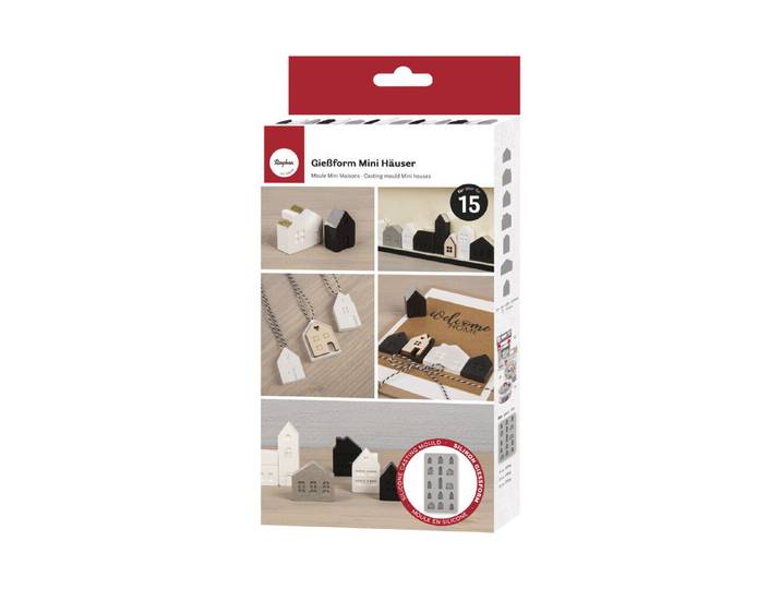 Silikon Giessform Mini Häuser, 14,5x26x1,5cm, 15 Formen, Box 1Stück