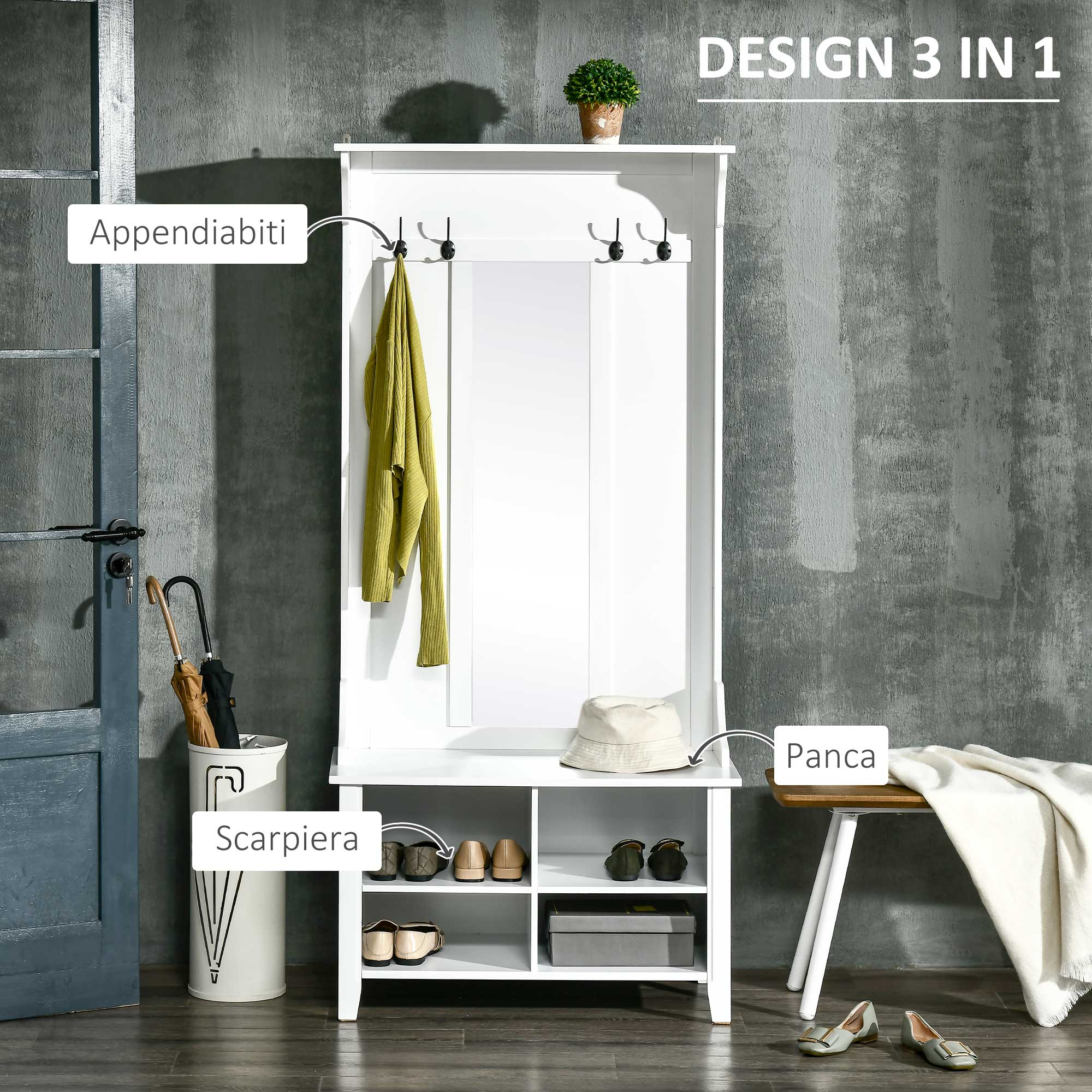 Altro Appendiabiti Attaccapanni Da Terra Con Specchio Scarpiera 4 Ganci Legno 80x40x170cm Bianco