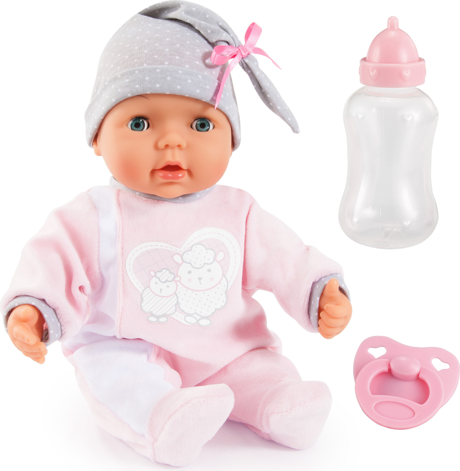 Bayer Design My Piccolina interactieve sprekende pop met bewegende mond, roze en grijs met schapenmotief, 38 cm
