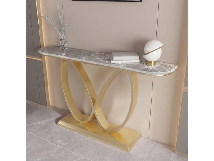 LJWFZBD Schmaler Konsolentisch, Sintersteinplatte, Metallrahmen für Eingang Sintersteinplatte, Kratzfest, Schmaler Flurtisch, Modernes Design, Stabile Konstruktion(Gold+Gray,39.4 (100cm))