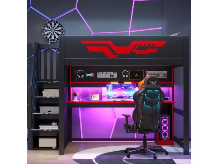 YAIXBNG Gaming-Hochbett (140 x 200 cm) mit Schreibtisch, Treppe mit Stauraum, LED-Beleuchtung und USB-Anschluss, Schwarz