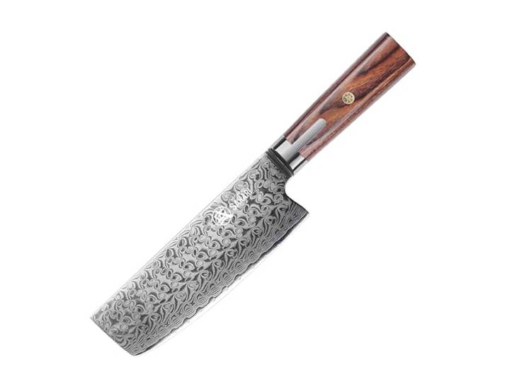 MITSUMOTO SAKARI Damaszener Küchenmesser, 17 cm Nakiri Kochmesser Japanisches Handgeschmiedetes Küchenmesser, S301 Pulver Stahl Kochmesser, Boutique Holzkiste