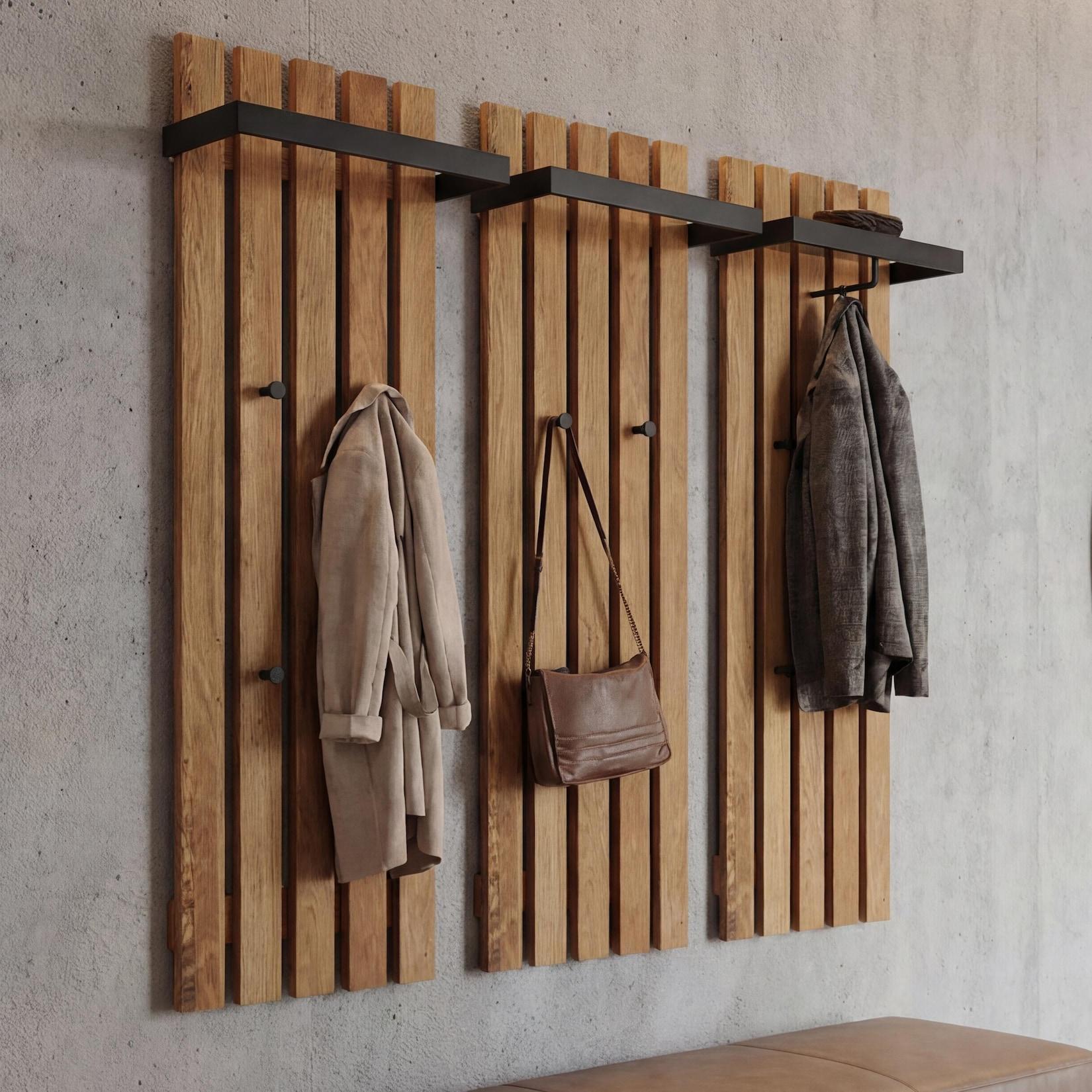 MCA 3er-Set Garderobenpaneel MCW-P57, Wandgarderobe Garderobenleiste Holzgarderobe, 4 Haken Metall 120x40cm, Eiche