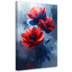 WANDBILD, Rote Blumen auf blauem Hintergrund