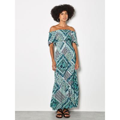 Maxikleid APRICOT "Maxikleid im Boho Stil", Damen, Gr. XS (34), N-Gr, blau, gewebt, Obermaterial: 100% Viskose LENZING ECOVERO CV LenzEcov., gemustert, Puffärmel Elastisch, Kleider Maxikleid, mit Folk-Print