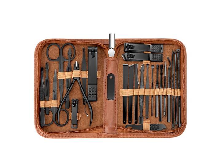 Trousse de manucure professionnelle 26 pièces en acier inoxydable avec étui de voyage - Marron