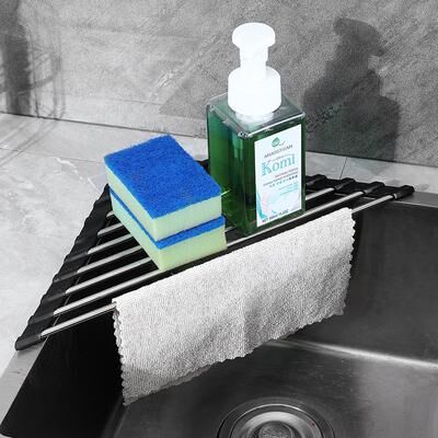 Multisell Products Hub Over The Sink Sponge Rag Holder, Roll Up Triangle Dish Drying Rack, Corner Kitchen Organizer gray